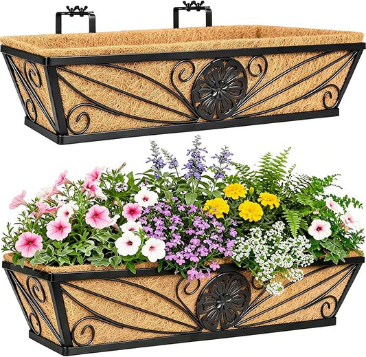 2 Pack 24 Inch Railing Planter Boxes with Coco Liner, Floral Scroll Metal Window Box Planters for Outdoor Plants, Black Hanging Window Baskets for Garden, Patio, Balcony Railing Decor