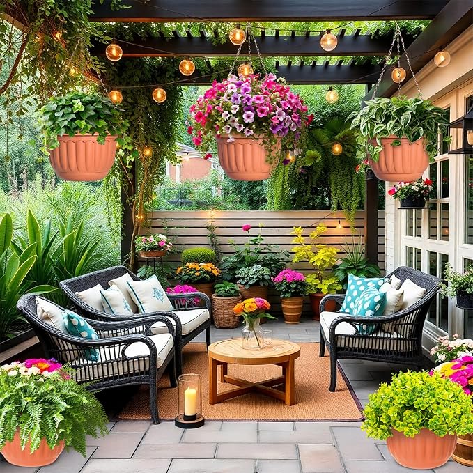 12 Sets Hanging Planters for Indoor and Outdoor Plants Self Watering Hanging Basket Flower Pots Plastic Plant Pots with Drainage Hole and Absorbing Tray(Terracotta,8 Inch)