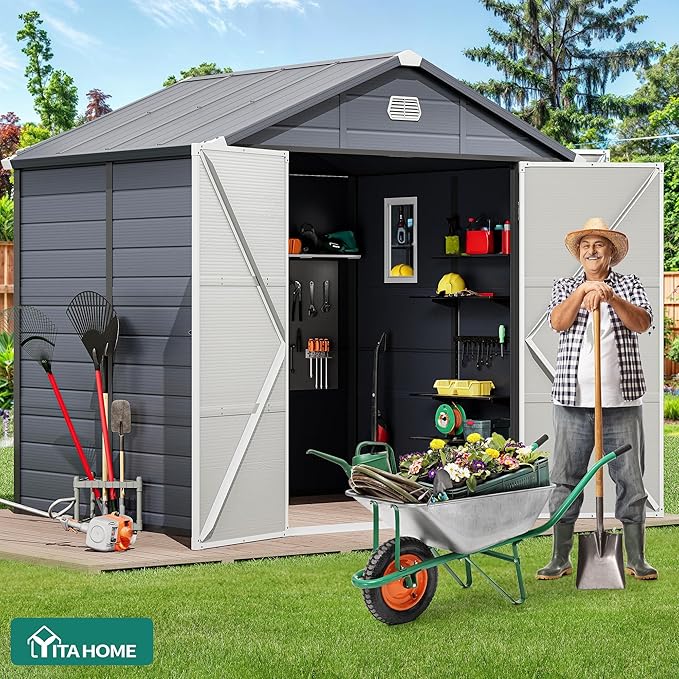 YITAHOME 8x6.2FT Outdoor Storage Shed w/o Floor, All-Weather Plastic Shed with Lockable Doors, Window & Vents, Plastic Tool Shed for Backyard, Patio, Poolside, Lawn, Gray