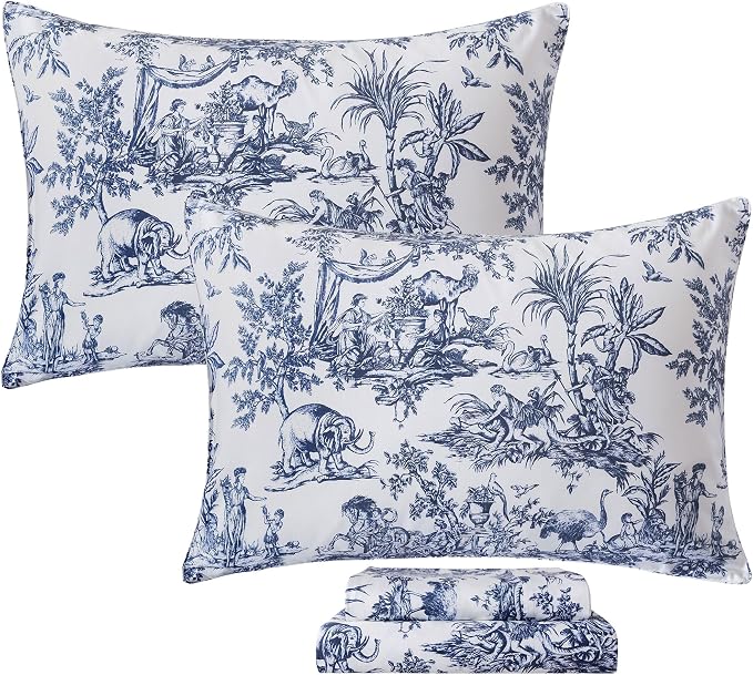 FADFAY Toile Sheet Set Queen Classic Blue & White 100% Egyptian Cotton French Country Bedding Toile de Jouy Pastoral Scenic Farmhouse Bedding Deep Pocket Sheets Breathable Soft for All Seasons 4Pcs