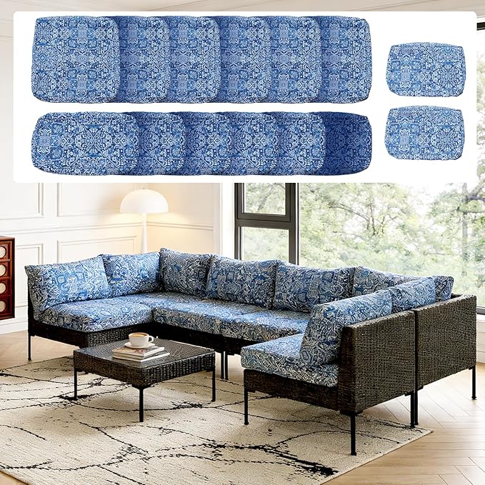 14Pcs Outdoor Cushion Covers Replacement Washable Waterproof UV w/Zipper for 6-Seaters Sofa Patio Slipcovers Set Seat and Back Covers Only (Blue Charming, 25x25x3.15inch)