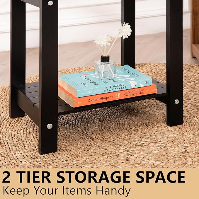 VICTORY RELAX Solid Acacia Wood Side Table with 2-Tier Storage, Weather-Resistant Outdoor Indoor End Table, Black Rustic Color Night Stand
