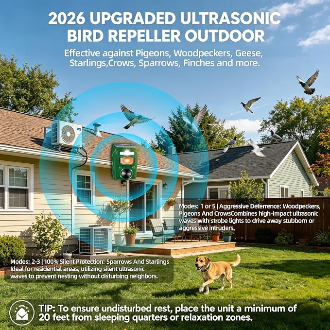 2Pack Upgraded Bird Deterrent Solar Animal Repellent Ultrasonic Outdoor with Motion Sensor Strobe Light for Pigeon Woodpecker Cat Rabbit Raccoon Squirrel Skunk Deer Repellent Devices for Yard Garden