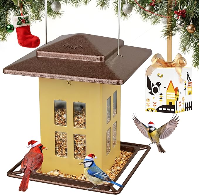 iBorn Bird Feeders for Outdoors, Metal Bird Feeder, Wild Bird Feeders for Cardinal, 2.4LBS Capacity,18cm Large Roof, Lantern Style, Black (Muted Yellow)
