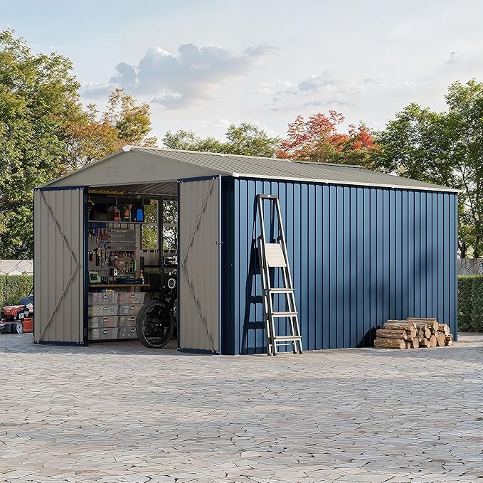 Garvee 10X12 FT Storage Shed with Cross Windows & Lockable Door，Large Outdoor Metal Shed，Peaked Roof Garden Shed for Lawn Mower, Bike, Tools - All Weather Secure Storage