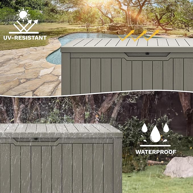 DWVO 120 Gallon Outdoor Storage Box, Large Lockable Resin Deck Box, Water Resistant Patio Storage Box for Tools, Cushions, Supplies - Light Brown