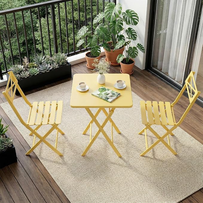 GarveeTech 3-Piece Folding Bistro Set, Heavy Duty Outdoor Patio Furniture with 2 Chairs & 1 Table, Weather-Resistant Steel Frame, No Assembly Required for Garden, Yard, Balcony,Yellow
