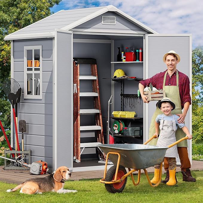 DWVO 6x4 FT Outdoor Resin Storage Shed with Reinforced Floor, All-Weather Bike Storage Shed with Lockable Door, Window and Vent, Waterproof Plastic Tool Storage for Garden, Backyard, Patio, Lawn