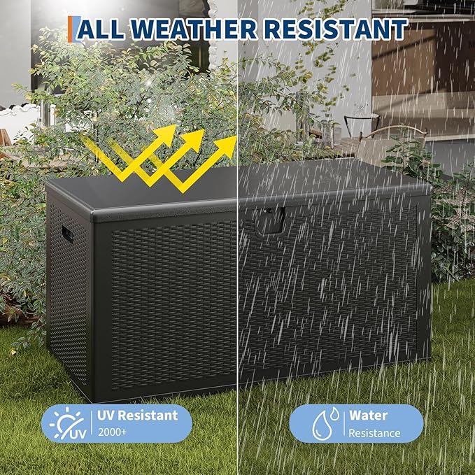 GarveeLife 150 Gallon Outdoor Storage Box, Large Resin Deck Box with Hydraulic Air Rod, Weatherproof & Lockable Outdoor Storage Bin for Patio Cushions, Garden Tools, Pool Supplies, Porch, Black