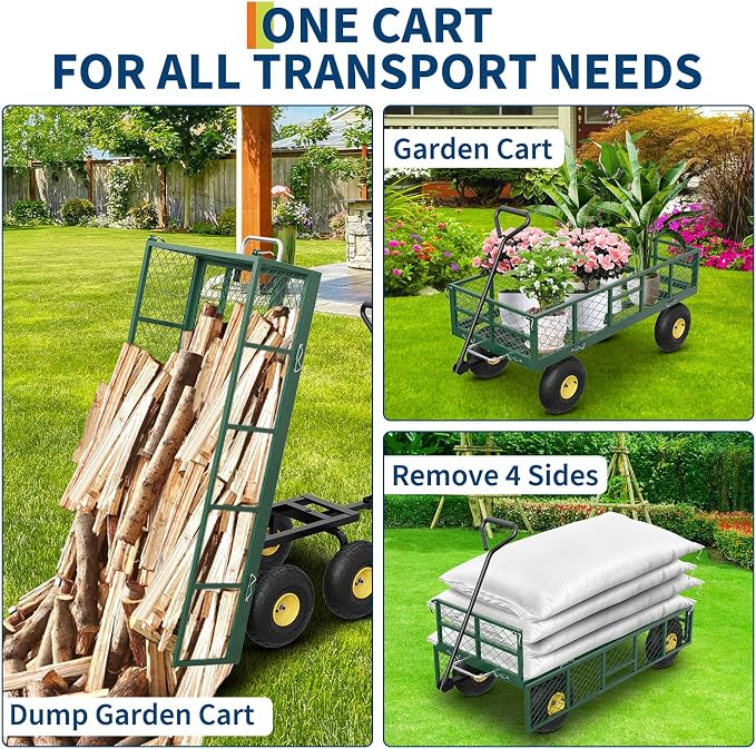 GarveeLife 900 LBS Garden Dump Cart with Removable Sidewalls, Heavy Duty Steel Dump Wagon with 180° Swivel Handle & 10 in Tires, Yard Cart Utility Wheelbarrow for Backyard Farm