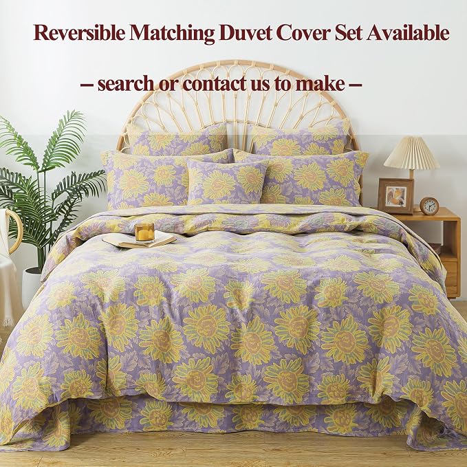 FADFAY Sunflower Sheets Set Queen Vintage Yellow Purple Floral Bedding Shabby Farmhouse Bedding Super Soft Washed Double -Layer Muslin Sheets 100% Cotton Deep Pocket Fitted Sheet 4Pcs, Queen Size