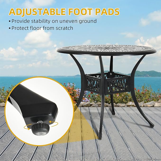 DWVO 35 Inch Outdoor Dining Table Cast Aluminum, Patio Round Bistro Table with Umbrella Hole for Backyard, Garden, Patio, Porch, Black