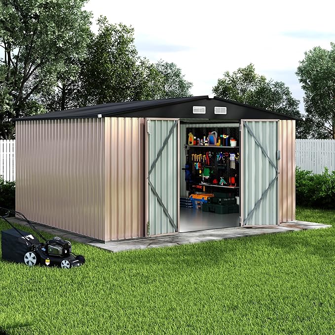 GarveeLife 10x12x6.4 ft Outdoor Storage Sheds with Floor, Metal Garden Tool Shed for Backyard, Large Metal Sheds Outdoor Storage With Lockable Doors & Air Vents for Backyard Garden Patio Lawn
