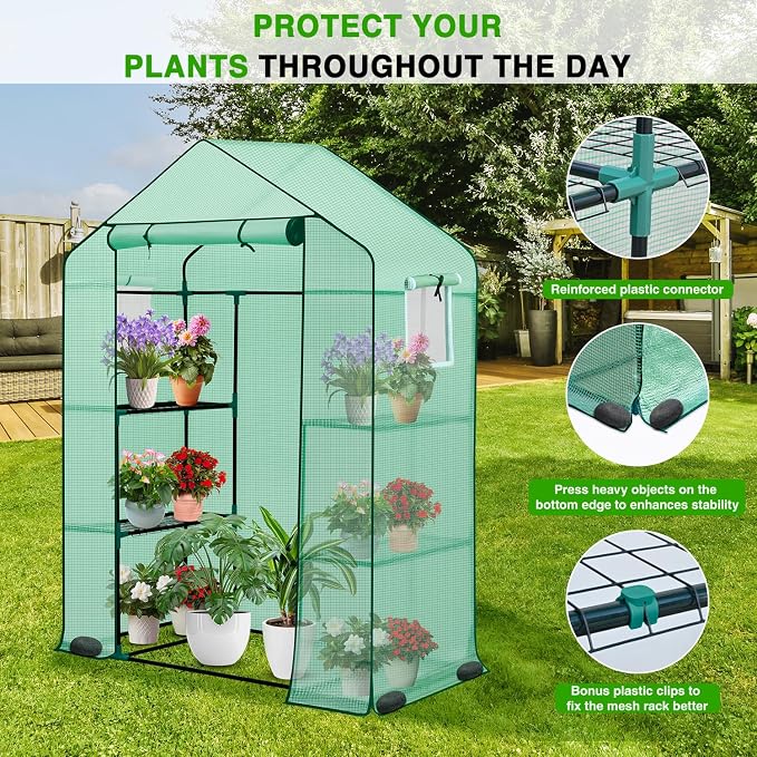 Yesker Greenhouse 57"x29"x77" Walk in Green House - Large Outdoor/Indoor Greenhouses with 4 Shelves Waterproof PE Cover & Windows, Portable Greenhouse Kit for Winter Backyard Gardening Patio, Green