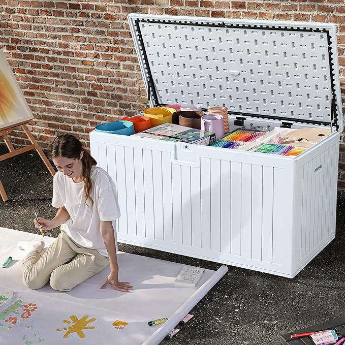 DWVO 230 Gallon Resin Outdoor Storage Box, XXL Double-Wall Waterproof Deck Box with Divider, Doubles as Table or Seating with 1000 lbs Capacity, Lockable (Grayish-White)