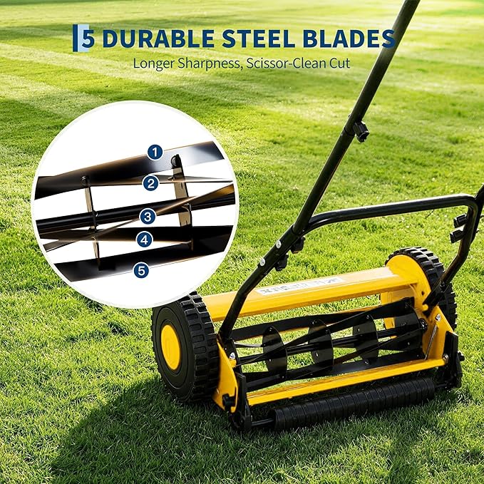 16" 5-Blade Push Reel Lawn Mower, Manual Push Mower with Adjustable Cutting Height, Compact Lawnmower for Small to Medium Yard and Field, Lightweight Hand Reel Push Mower, Yellow
