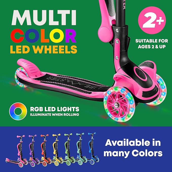 3 Wheel Scooter for Kids with Foldable Seat, Adjustable Handlebar Height, Lean-to-Steer Ride On Toy for Kids Ages 2+, Light-Up LED Wheels, Wide Anti Slip Deck, Indoor & Outdoor Use