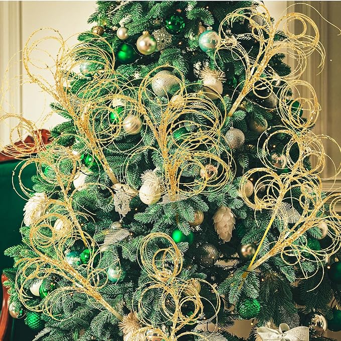 Yinder 18.5'' Glitter Curly Christmas Spray Wispy Christmas Picks Artificial Curly Twigs Branches for Vases Glitter Branches for Xmas Tree Vases Wreath Garland Banquet Decoration, 5 Pieces(Gold)