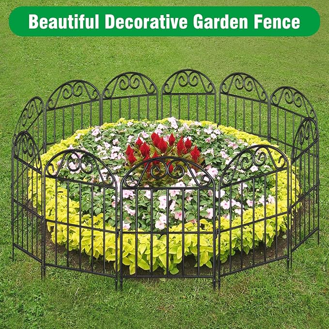 ADAVIN 24 Panels Collapsible Garden Fence Animal Barrier,24 Ft(L) x 24 in(H) Black Rustproof Metal Wire Panel Border for Dogs Rabbits, Flower Edging for Landscape Patio Yard Outdoor Decor, Arched