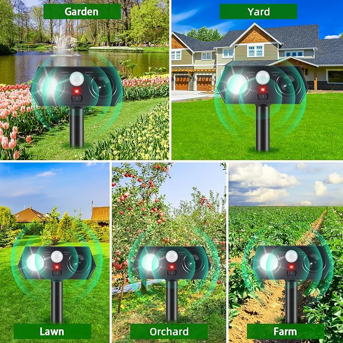 2026 Upgraded Solar Ultrasonic Animal Repellent Deer Deterrent Outdoor Motion Activated with Flash Light Repeller Keep Cat Squirrel Dog Raccoon Skunk Rabbit Away from Yard Garden Lawn 4 Pack