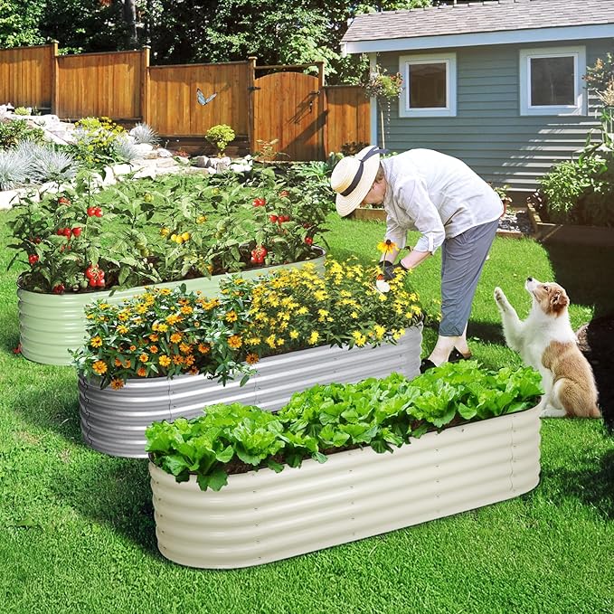 Aoodor 17" Tall Oval Galvanized Raised Garden Bed Kit, 6-in-1 Large Metal Outdoor Planter Box for Vegetables, Flowers, and Herbs, 7.5 x 2.3 x 1.5 Ft, Beige