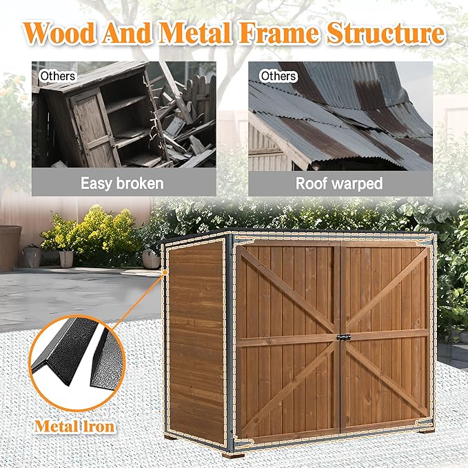 YOPTO Outdoor Wood Storage Cabinet,Garden Shed Tool with Metal Frame Structure and Waterproof Sloping Roof,Backyard Building w/ 3 Compartments & Latch,Furniture for Lawn,50.4"L X 26.8"W X 41"H,Brown