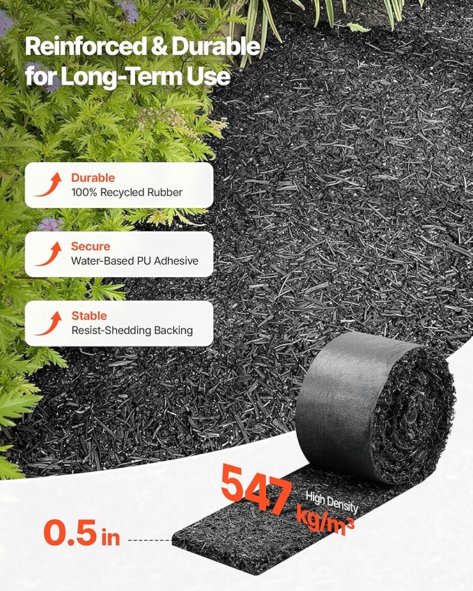 VEVOR Rubber Mulch Mat Roll, 4 Rolls 120 x 4.5 in, Recycled Rubber Permanent Mulch Edging Border, Natural-Looking Flower Barrier with Stakes, 0.5 in Thick Cuttable Garden Edgings for Landscaping