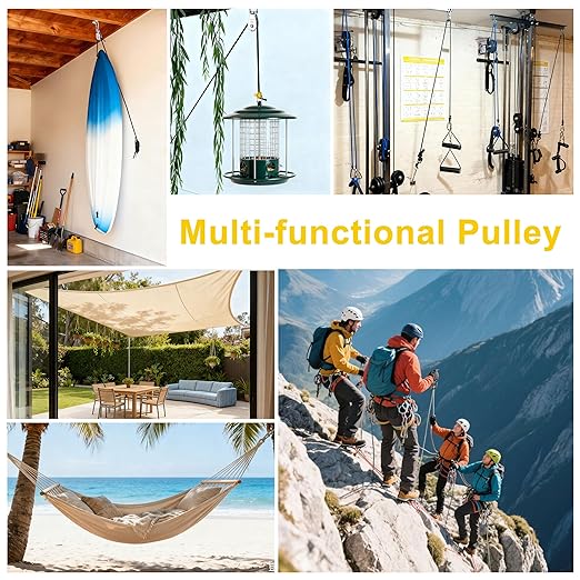 2 Sets M25 Cable Pulley System for Lifting Hanging, Including Heavy Duty Stainless Steel Single Pulley Block with 66FT Nylon Rope, Snap Hooks, Eye Pad Plate, Rope Cleat Hook, Loading 330lb