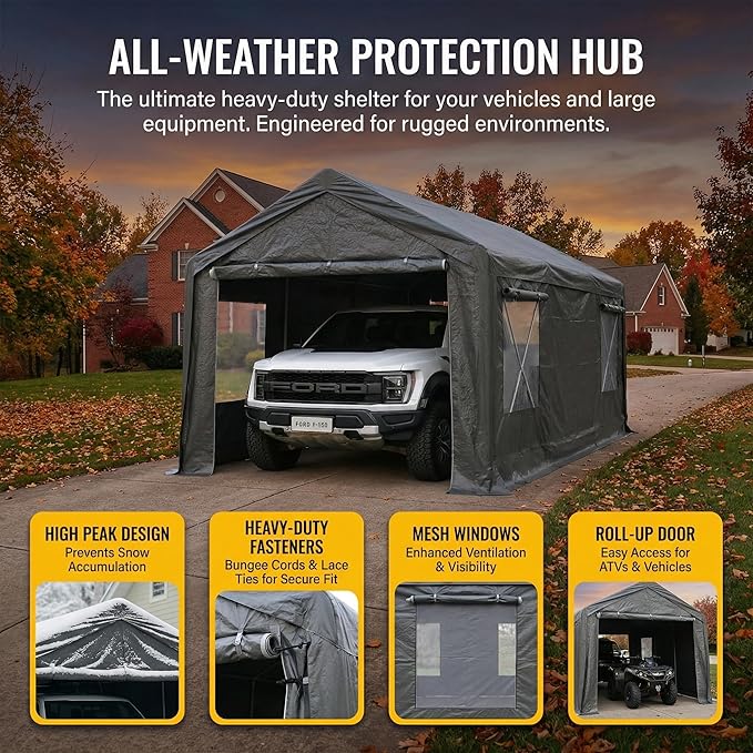 HOTEAGLE Storage Shed, 3/4 inch Thick Support Rods & Bolted Frame (Not Socket), Rolled Up Doors and Ventilation Window, Carports Car Tent 10X20 Ft