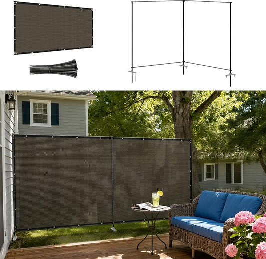 Windscreen4less Outdoor Privacy Fence Screen, 6'x2' Freestanding Privacy Fencing Set with Iron Poles and Ground Spikes, UV Resistant Mesh Cover Garden Pet Fencing for Backyard Patio Pool, Brown