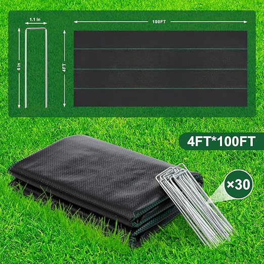 FrutPunch 4FT x 100FT Weed Barrier Landscape Fabric, 3.2oz Weed Barrier Landscape Fabric Heavy Duty, Landscape Fabric for Ground Cover in Garden, Farm, Yard Driveway, with 20 U-Shaped Ground Stakes