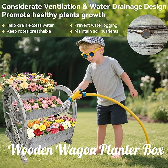 3 Tier Large Wooden Wagon Planter Box|Outdoor Planter/Flower Pot for Indoor&Outdoor Plants-Rustic Garden Planter for Patio,Porch&Garden Decor-Raised Garden Bed for Succulents,Herbs,Vegetables