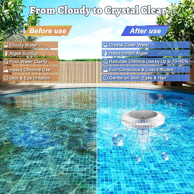 Solar Pool Ionizer Floating Lights: Copper Ionizer with LED Solar Powered Outdoor Waterproof Lighting RGB Color Changing Light with Remote Control for Above Ground Inground Swimming Pool Party Spa