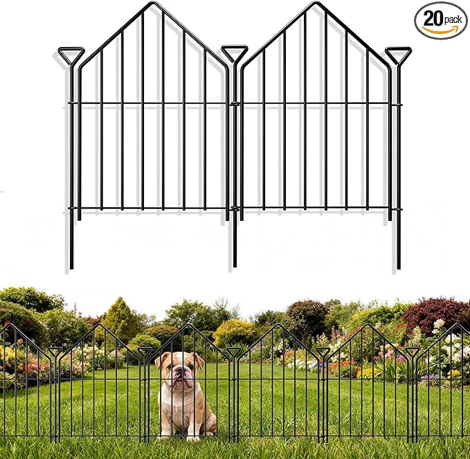 Decorative Garden Fence 17in x20ft, 20 Panels Rustproof Metal No Dig Fence Animal Barrier, Roof Shaped Flower Bed Edging Ornamental Wire Border Panel Fencing for Yard Patio Outdoor Decor