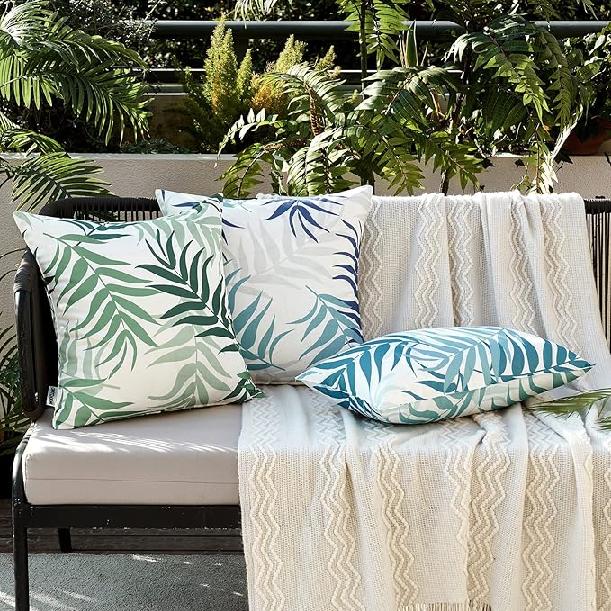 MIULEE Pack of 2 Decorative Outdoor Waterproof Throw Pillow Covers Patio Pillow Cases Natural Leaves Pattern Spring Square Cushion Shams Shell for Garden Balcony Couch 20x20 Inch, Light Blue