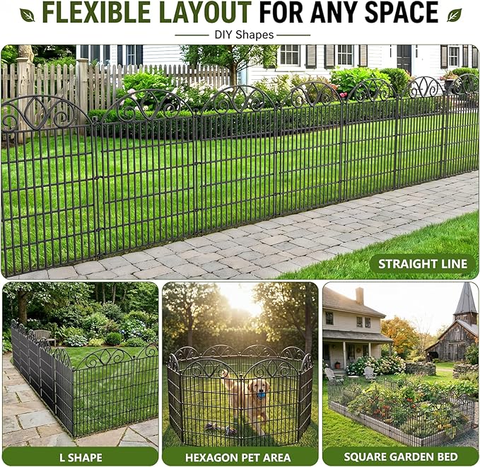 10 Panels No Dig Tall Garden Fence with Gate – 34" H X 22' L Rustproof Metal Dog Fences Outdoor for Yard, Decorative Animal Barrier Fence for Pet, Garden Border, Patio, Flower | Temporary Fencing
