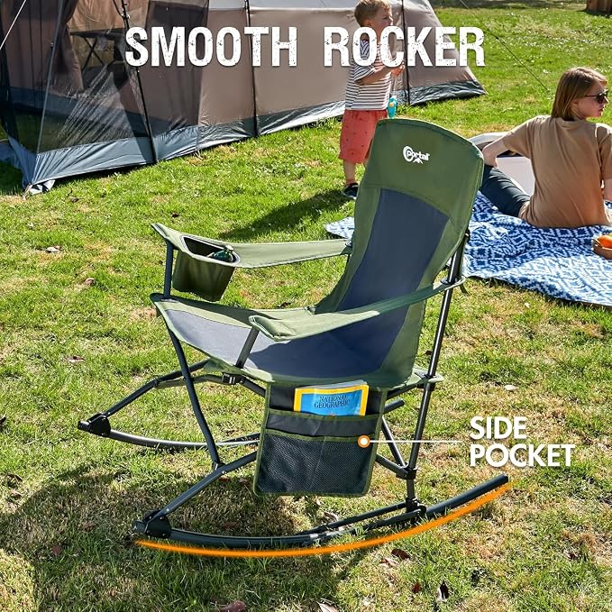 Portal Outdoor Rocking Chair Camping Folding Portable Rocker with Cup Holder Side Pocket Carry Bag, Support 350LBS (Green), 2 Pack