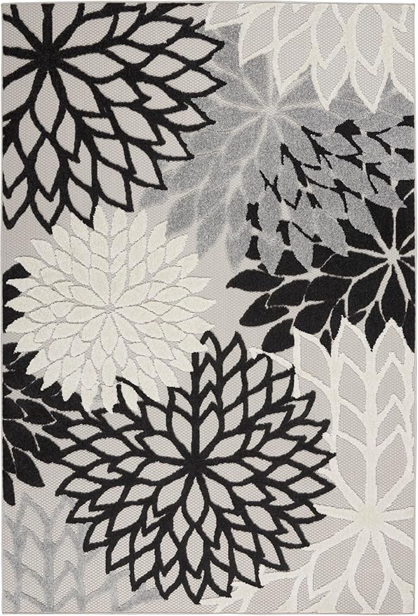 Nourison Home Aloha Indoor/Outdoor Black White 6' x 9' Area Rug, Tropical, Botanical, Easy Cleaning, Non Shedding, Bed Room, Living Room, Dining Room, Deck, Backyard, Patio (6x9)