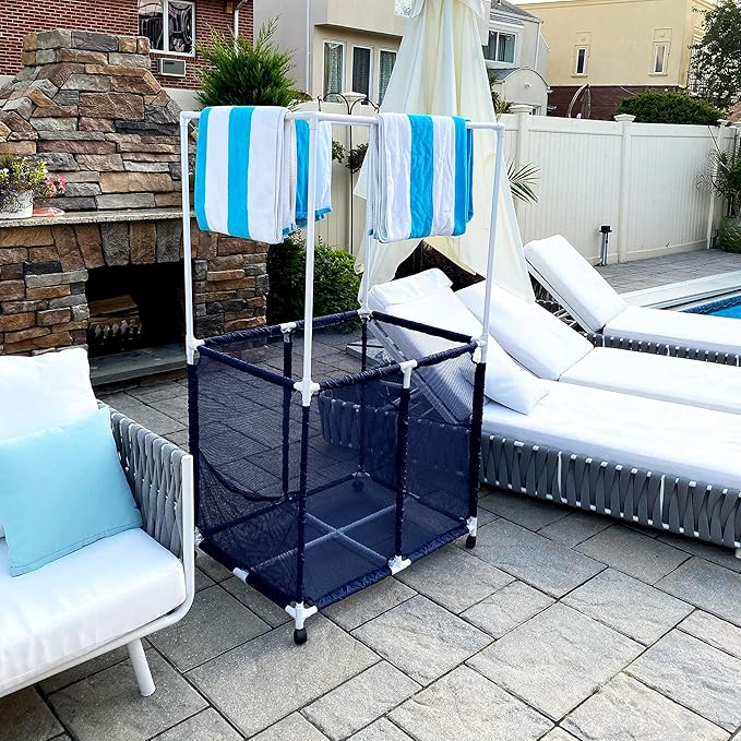 Pool Equipment Holder with Towel Drying Bars, Mesh Rolling Multi Use Storage Organizer Bin, Large Towel Hanger (25" L x 34.5" W x 62.6" H), Blue