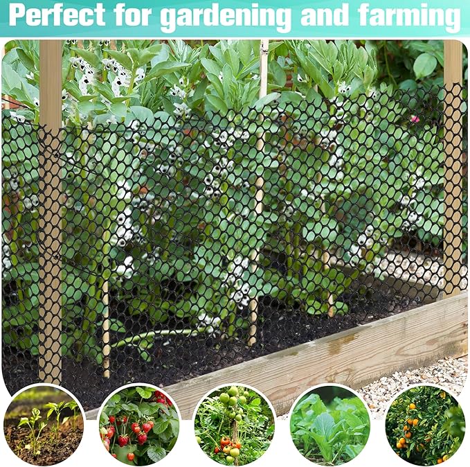 Plastic Mesh Fence Sheet 15.7IN x 50FT - 0.3IN Opening Plastic Chicken Wire Netting Roll Durable for Dogs, Poultry, Puppy, Garden Snake Barrier with 50 Pcs Zip Ties - Black