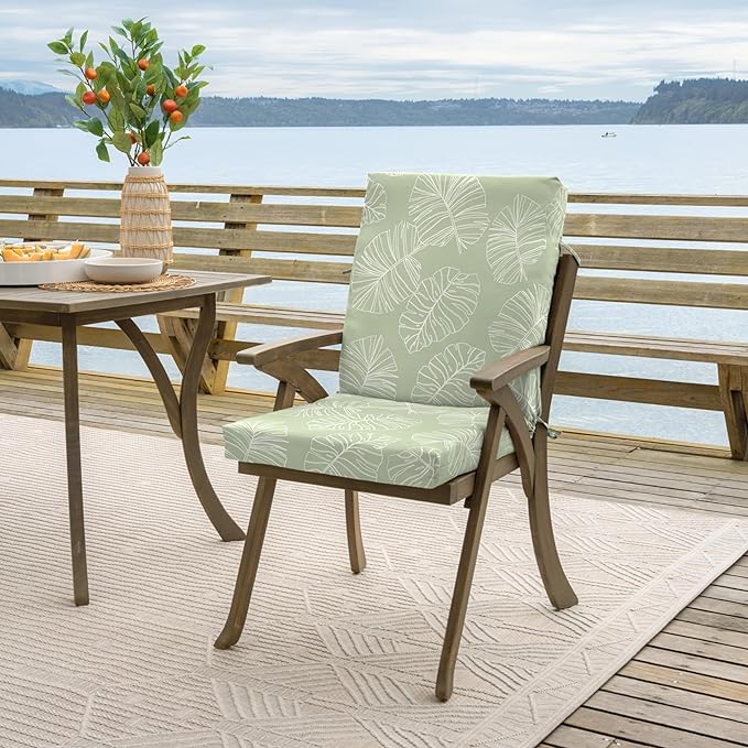 Arden Outdoor Patio Dining Chair Cushion, 20x44, Rain-Proof Seat Pad, Fade-Resistant Outdoor Cushion Coastal Green Leaf