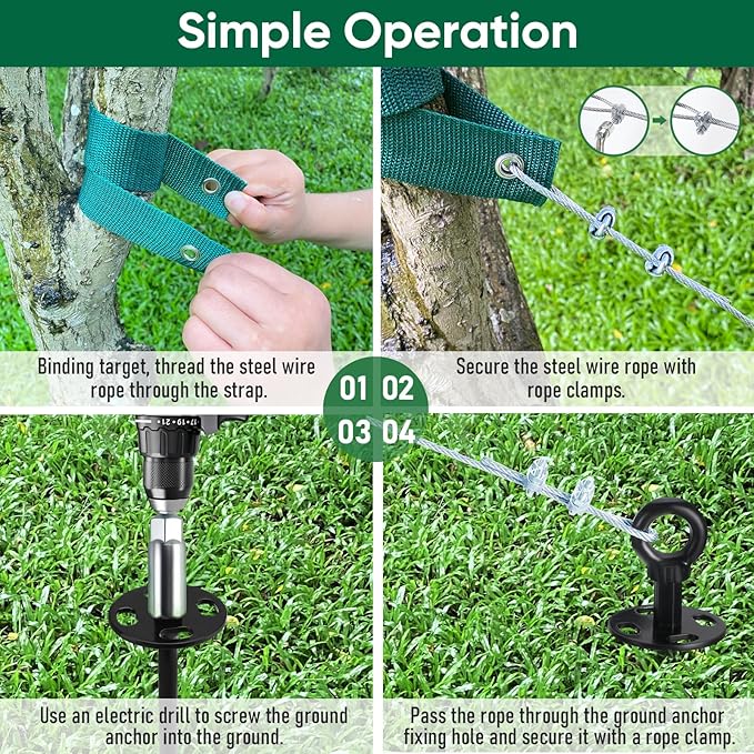 18'' Ground Anchors Screw in Heavy Duty, Shed Anchor Kit with Straps & Steel Cable & Tools, Earth Anchors for Mobile Home, Carports, Swing Set, Tree, Trampoline - Secure Against High Winds(4)