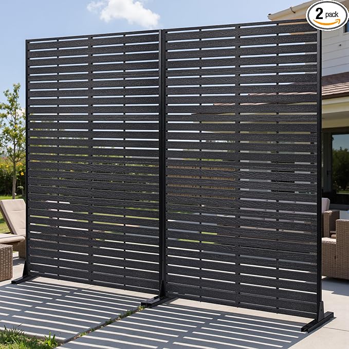 Privacy Screen Outdoor 72" Hx47 W Freestanding Privacy Panel with Stand, HDPE Decorative Privacy Fence with Sandblasting Louver Pattern, Patio Divider Screen, Privacy Screens for Outside
