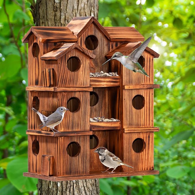 MIXUMON Wooden Bird Houses for Outside – 15 Rooms Multi-Chamber Bird House, Carbonized Pine Rustic Finish, 1.57" Entrance Holes, Individual Cleaning Doors, Decorative Outdoor Bird Nesting Box