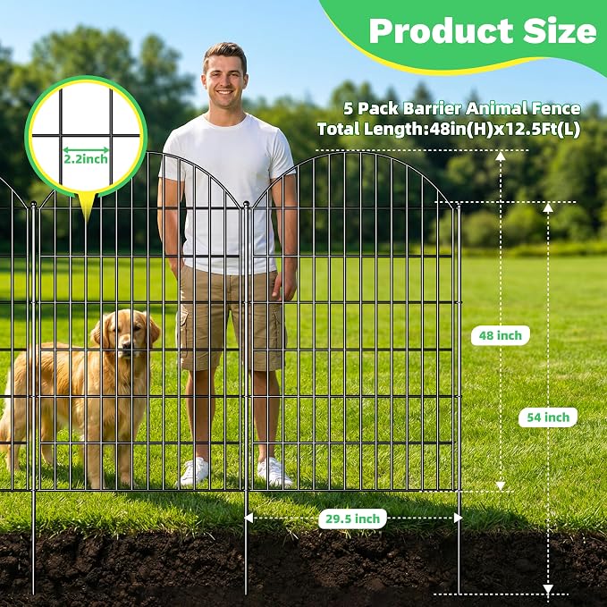 Toolterritary 5 Panels Arched No Dig Decorative Garden Fence, 48in(H) x 12.5ft(L) Dog Fence Outdoor for Yard, Rustproof Metal Garden Fence Animal Barrier for Dogs, Rabbits & Patio