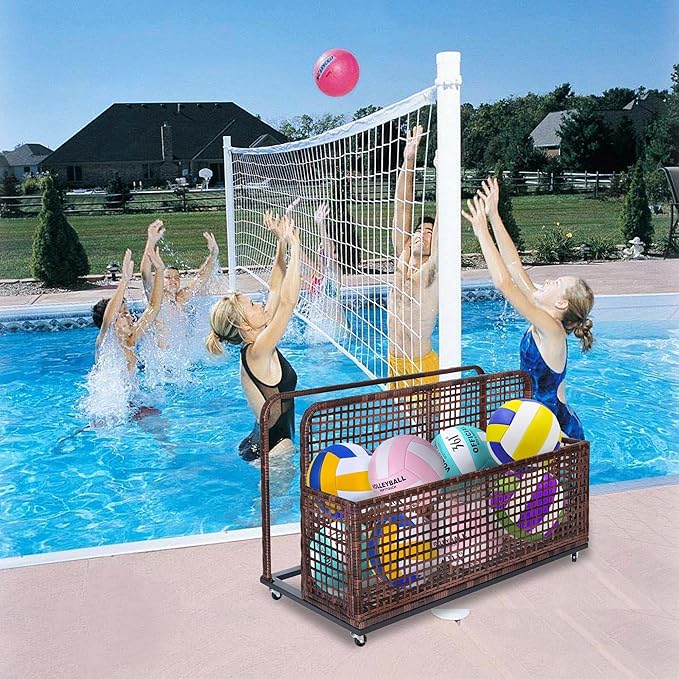 Garvee Pool Float Storage Organizer with Wheels, Outdoor Wicker Pool Storage Bin for Floats & Toys, Rolling Poolside Storage Rack for Patio Backyard Deck Box