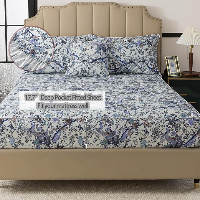 FADFAY Sheets Set Twin Botanical Bird Floral Bed Sheets Set Vintage Blue Farmhouse Bedding Shabby Branches Bedding Collections 100% Egyptian Cotton Breathable Soft 17.7" Deep Pocket 4Pcs, Twin Size