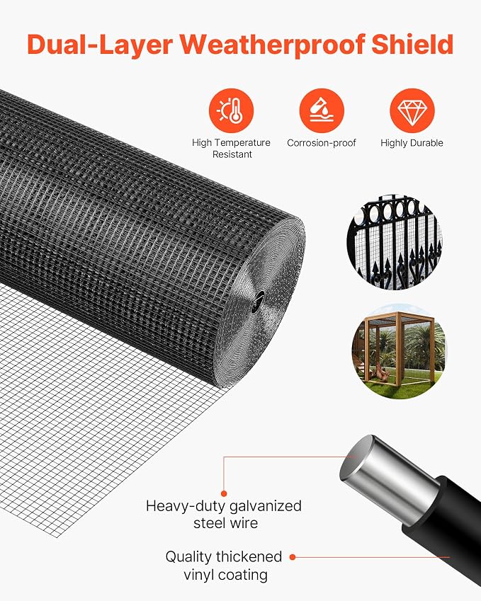 VEVOR Hardware Cloth 24 in x 50 ft, 1/2 in 19 Gauge Galvanized Wire Mesh Roll, Weather-Resistant Vinyl Coated Chicken Wire Fencing, Heavy Duty Welded Garden Plant Fencing for Rabbit Cage Snake Fence