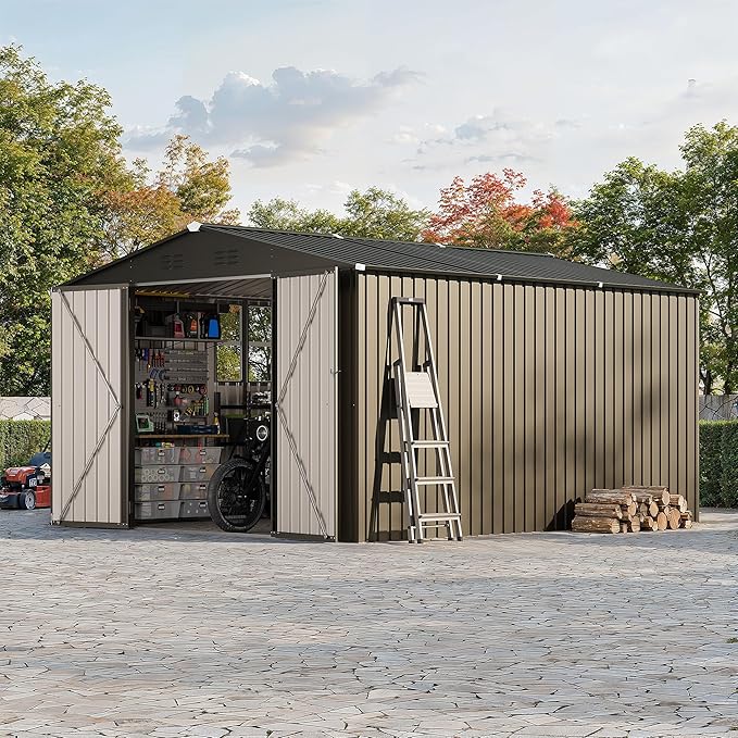 Garvee 10X12 FT Storage Shed with Cross Windows & Lockable Door，Large Outdoor Metal Shed，Peaked Roof Garden Shed for Lawn Mower, Bike, Tools - All Weather Secure Storage