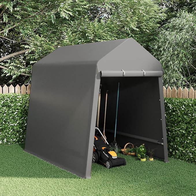 GarveeLife 7X12 ft Heavy Duty Outdoor Shed,Portable Storage Shed,with 2 Rolled Up Zipper Doors,Vents Carports & Waterproof Cover Temporary Shelter for Motorcycle,Gardening Tools and Generator(Grey)